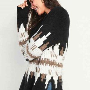 Old Navy Fair Isle V-Neck Black Thick Sweater Oversized Cotton Blend Siz…